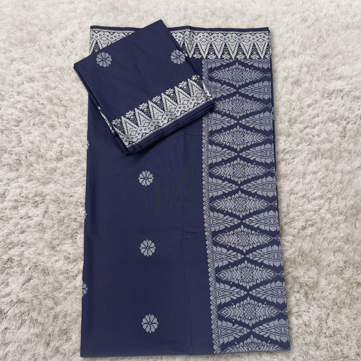 Songket Kain Pasang Bunga Navy Blue Silver Tabur Kebaya dan Baju Kurung Full Border 4.4 Meters