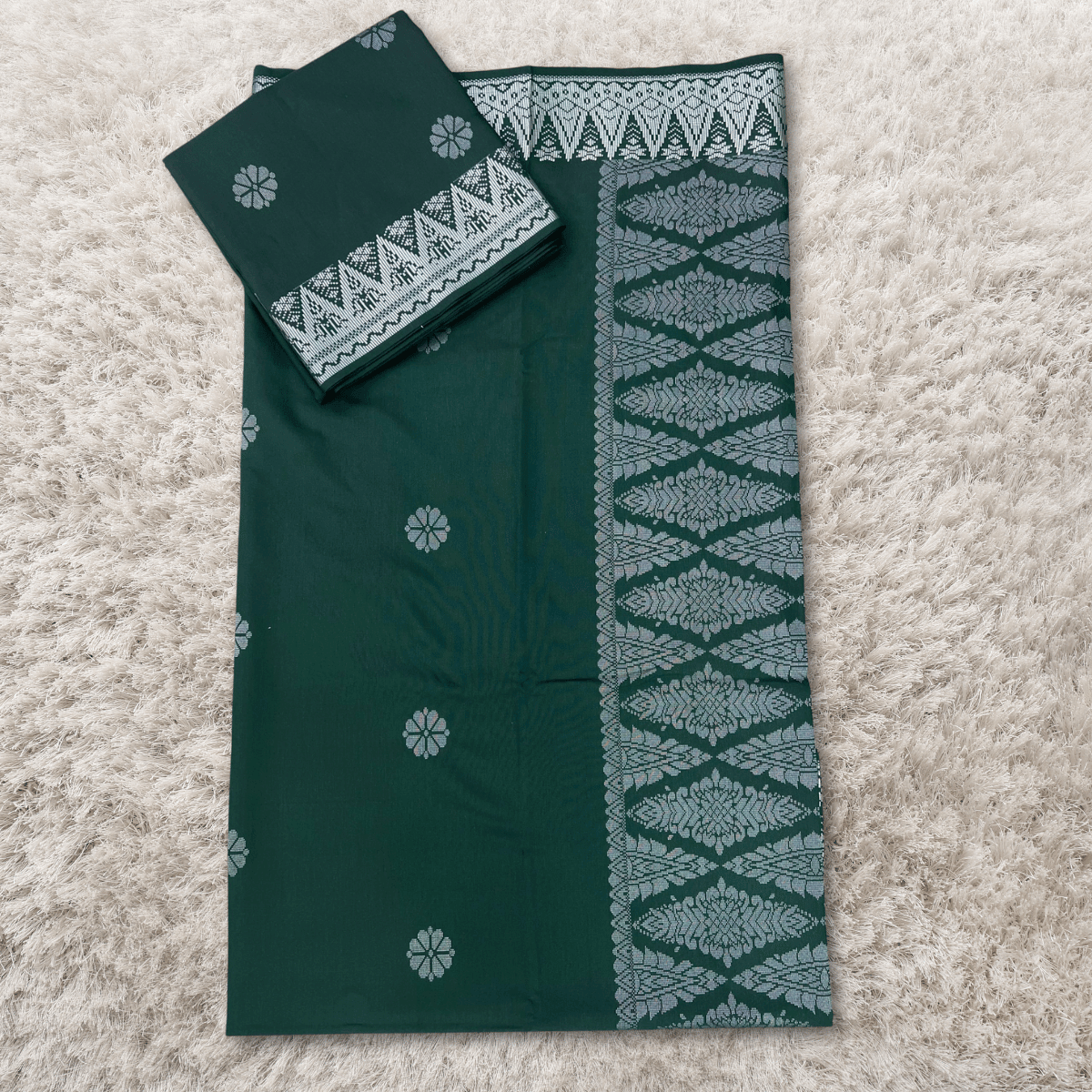 Songket Kain Pasang Bunga Green Silver Tabur Kebaya dan Baju Kurung Full Border 4.4 Meters